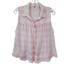 Free People Women's Hey There Button-Down Sunrise Blouse Plaid Pink Small